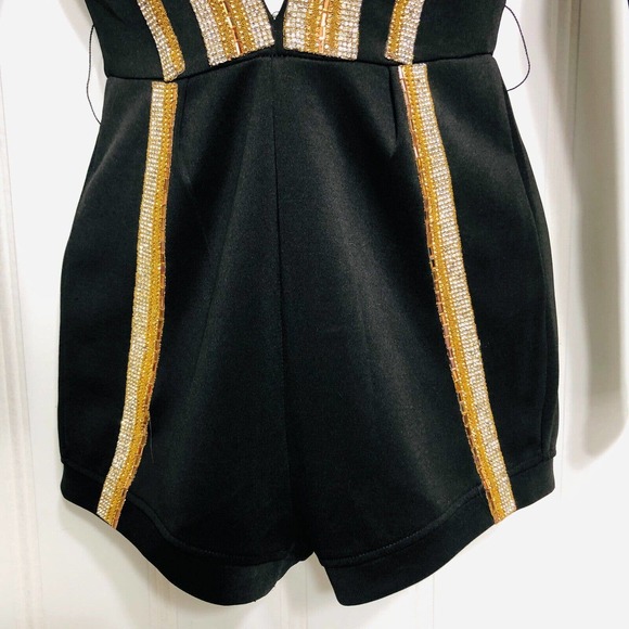 Fashion Nova Romper Black Gold Silver Rhinestone Studs Beads - Picture 6 of 10